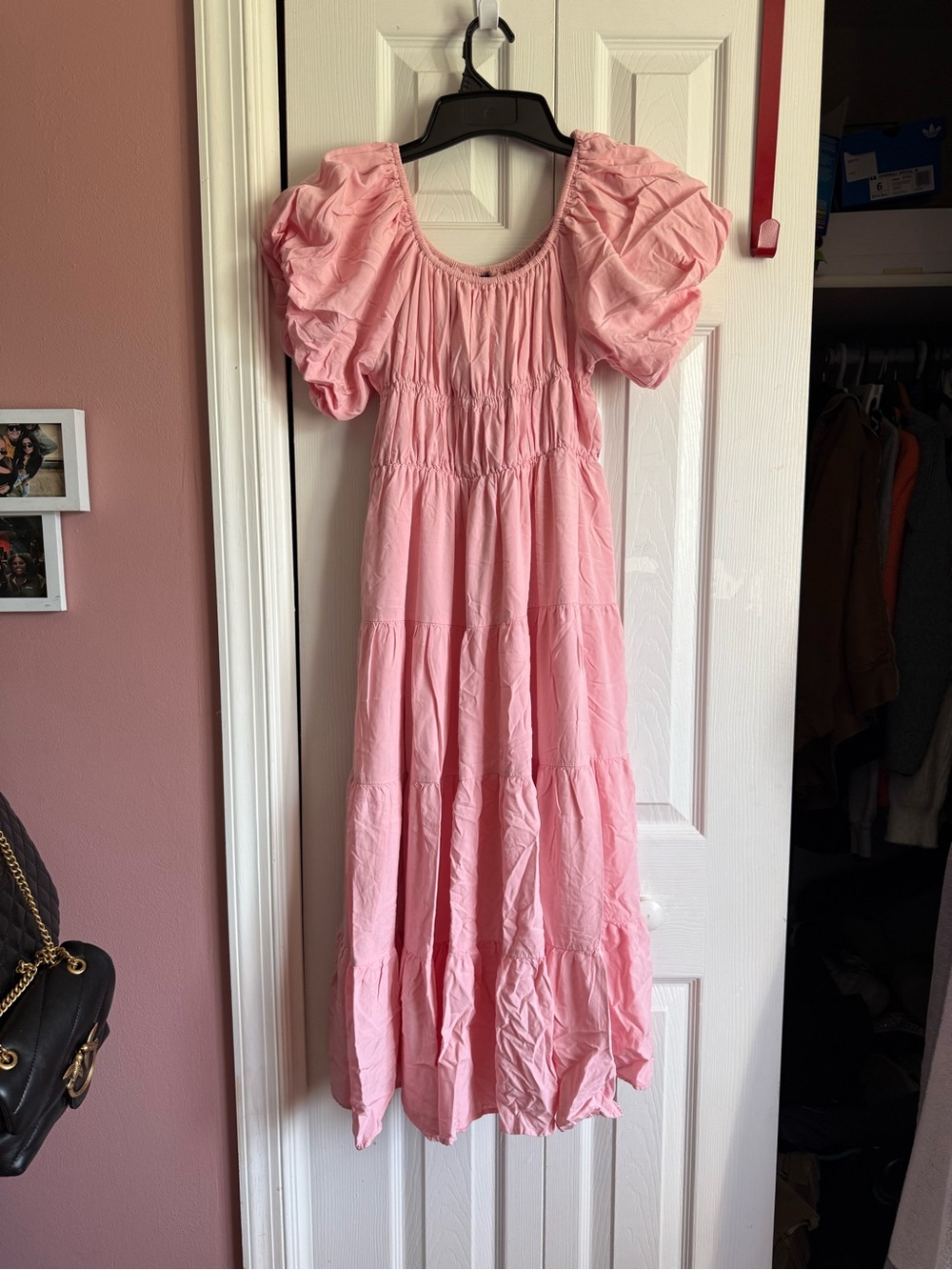 Smocked Puff Sleeve Maxi Dress in Light Pink